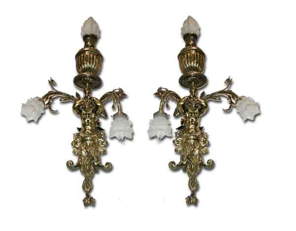 4042 Pr of Beautiful Brass Wall Sconces w/Figural Cupid  