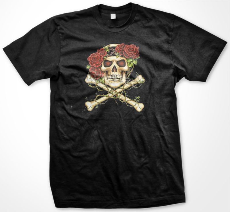 Romantic Skull Rose Crown Bones Gothic Mens T shirt  