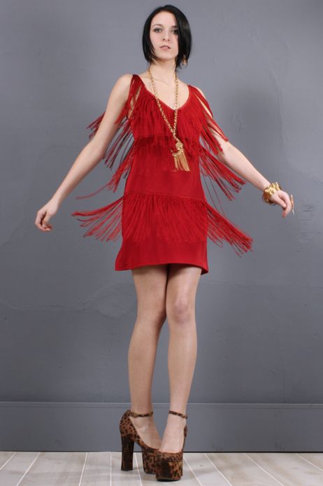   70s do 20s Bright Red FLAPPER Fringe DECO Thin Mini Party Dress S/M