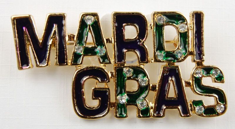 Purple Green Enamel Mardi Gras Brooch Pin w/ Crystals  