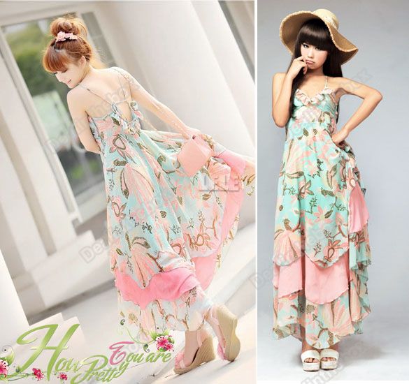 Korea Womens Bohemian BOHO Floral Maxi Chiffon Long Dress Skirt