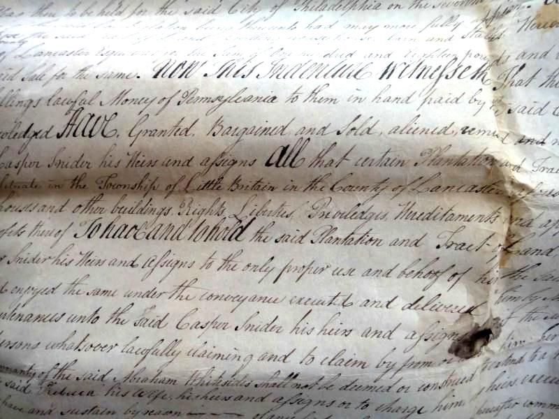   antique DEED WHITESIDES/SNIDER little britian philadelphia pa  