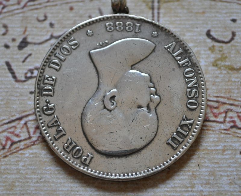 Alfonso XIII. 5 Pesetas Silver Coin Pendant  1888 Spain  