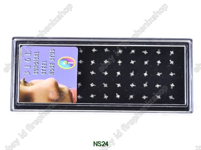   lots 60 rhinestone surgical stainless steel nose stud pin +box  