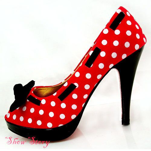 New Ladies Red w White Polk Dots Black Pumps US Size 5  