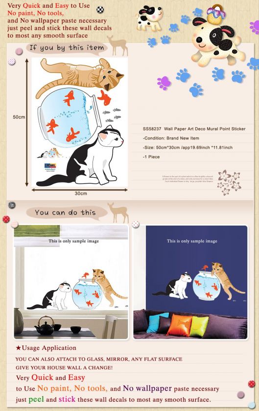 SS 58237 CAT & FISH Peel & Stick Wall Deco Art Sticker  