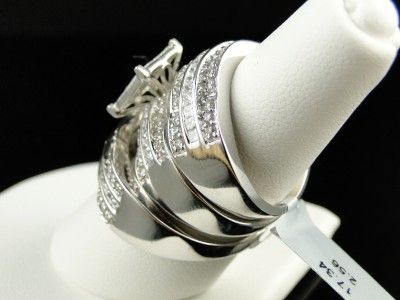   MENS LADIES PRINCESS CUT DIAMOND RING TRIO ENGAGEMENT WEDDING RING SET