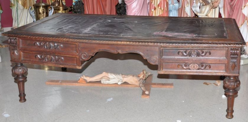 CARVED ANTIQUE WALNUT LARGE VICTORIAN WRITING DESK  