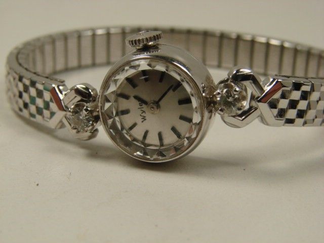 VINTAGE 14KT WG DIAMOND WYLER LADIES WRISTWATCH.  