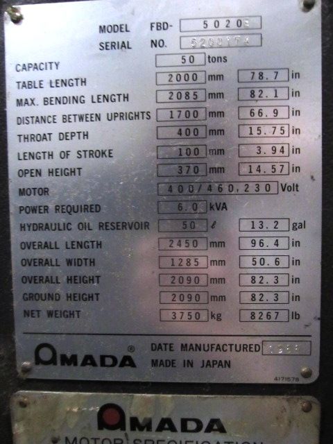 Amada 55 Ton FBD 5020E Hydraulic Press Brake  