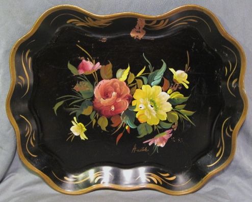   PAINTED TOLE TRAY~TOLEWARE~ROSE FLOWERS~NASHCO~ARTIST SIGNED~ORNATE