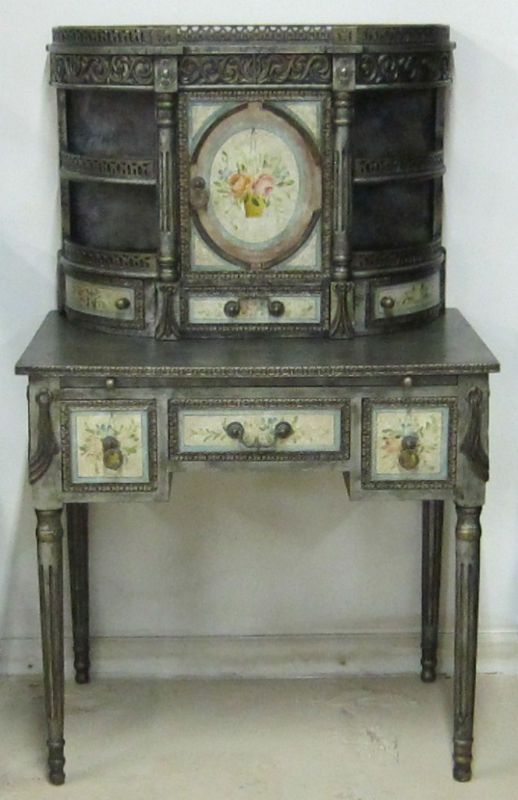   PAINTED FLORAL WRITING DESK PULL OUT TOP 6 DRAWERS 31 WIDE  