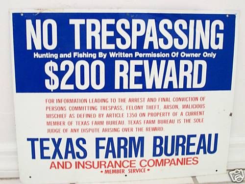 VINTAGE TEXAS FARM BUREAU NO TRESPASSING REWARD SIGN  