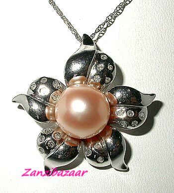 FABULOUS 14K WHITE GOLD PINK PEARL & DIAMOND FLOWER PENDANT