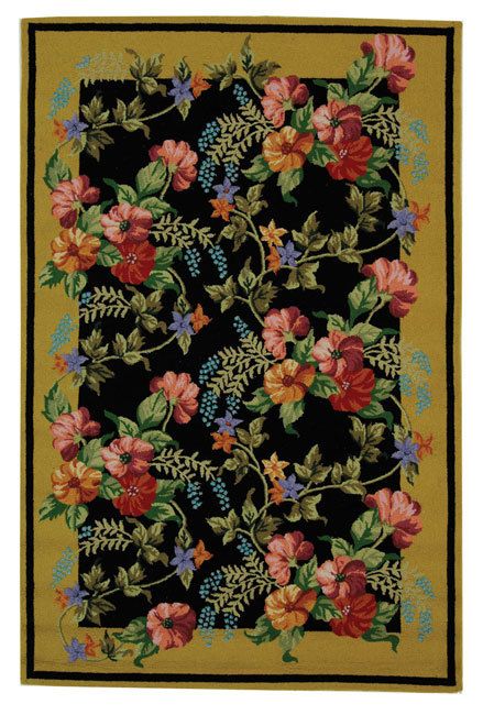 Hand hooked Floral Black Wool Area Rugs 5 x 8  