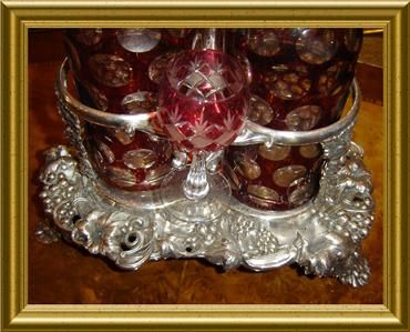 ANTIQUE VICTORIAN SILVER 7 PIECES WINE TANTALUS,CRUET SET, RUBY GLASS 