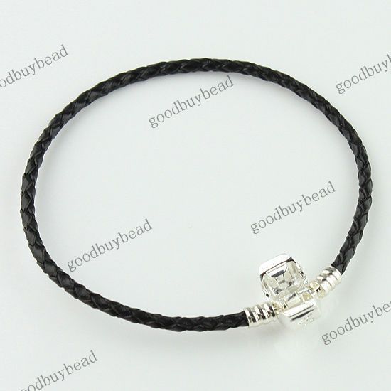 5X HANDMADE BLACK COWHIDE LEATHER EUROPEAN CHARM BRACELETS 17CM  