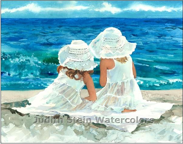 BEACH FRIENDS SEASHORE GIRL CHILDREN 8 x10 Giclee Watercolor Signed 