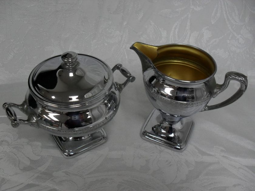 VINTAGE CHROME SUGAR & CREAMER SET BY MANNING BOWMAN, ORNATE TRIM 