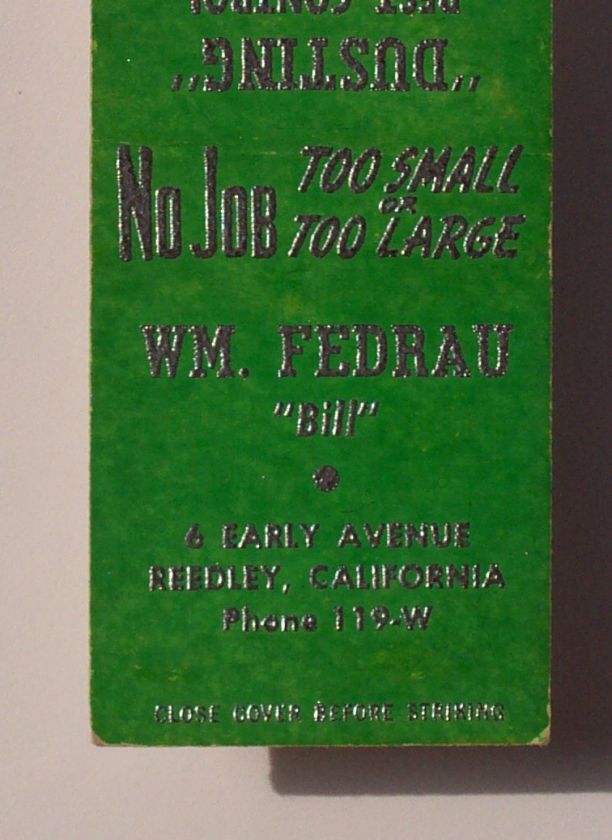 1940s? Matchbook Fedrau Fertilizer Gypsum Reedley CA MB  