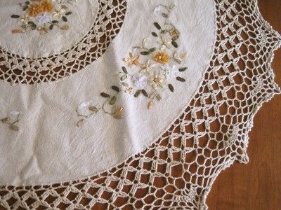 Hand Ribbon Embroidery Flower Crochet Table Cloth Round  