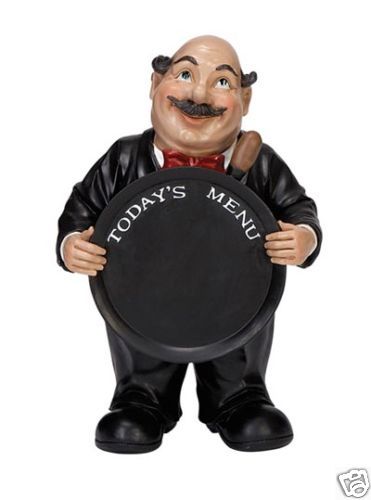 WAITER/BUTLER HOLDING FRY PAN CHALK BOARD TODAYS MENU  