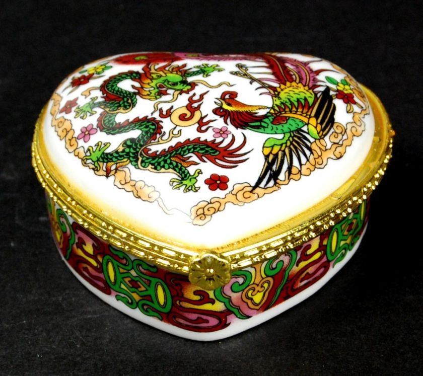 CERAMIC PILL BOX HEART DRAGON PHOENIX Gift Travel Trinket Keepsake 