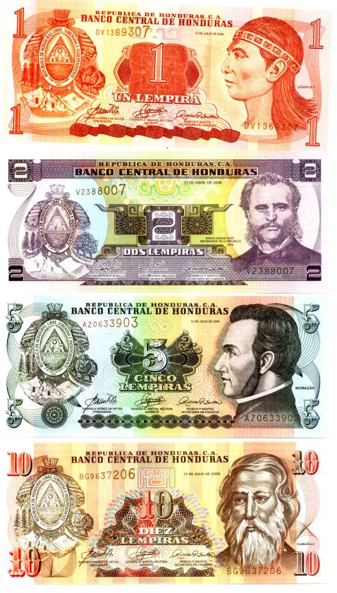 Lempira Set of 4, Honduras 1 2 5 10 Lempiras UNC BankNotes Set, P84e 