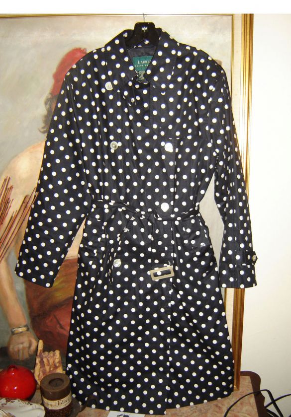 BRAND NEW RALPH LAUREN NAVY BLUE POLKA DOTS TRENCH COAT**L  