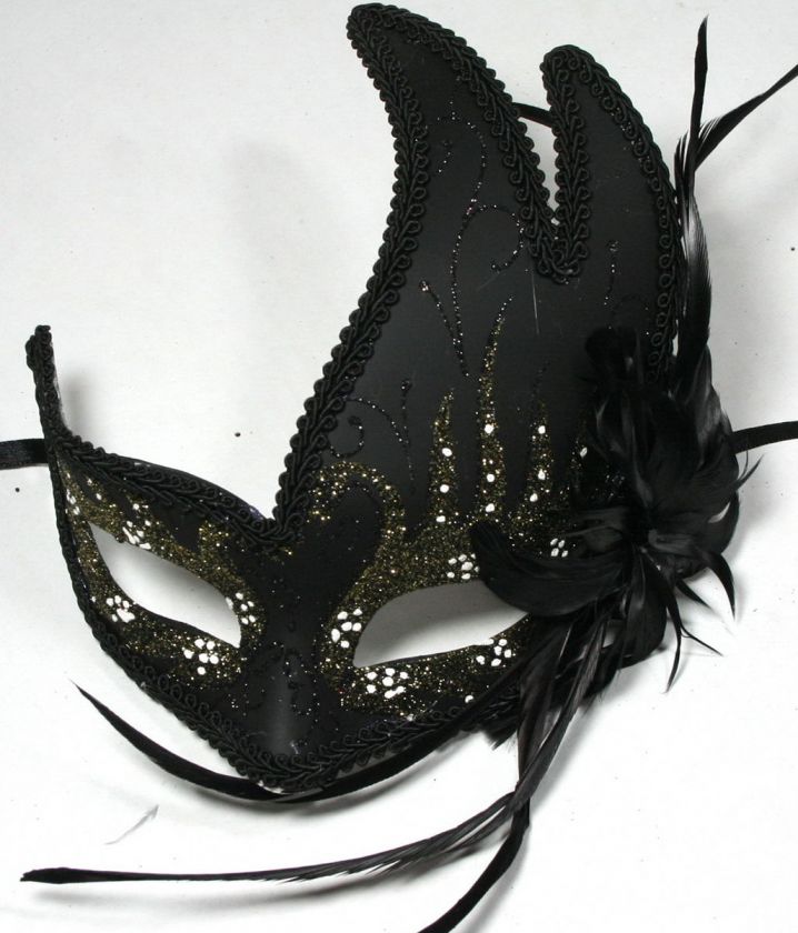 BLACK/GOLD FEATHER MASQUERADE BALL PARTY MASK 7015  