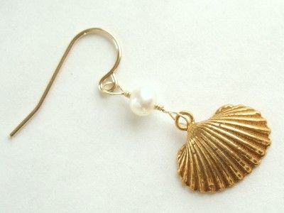 18k Gold Vermeil Scallop Shell Pearl Earrings  