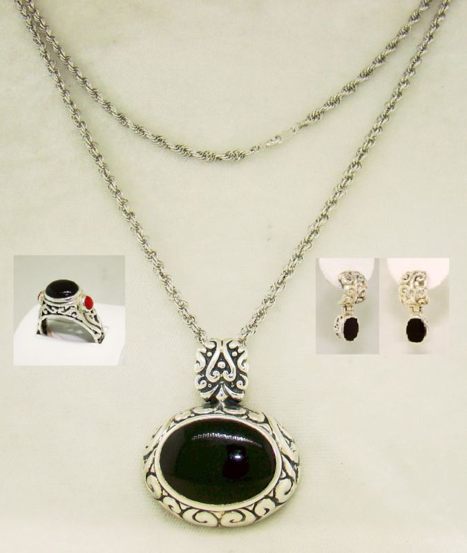 Black Onyx Cabochon Jewelry Set in Sterling Silver  