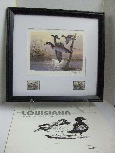 1991 Louisiana Duck Stamp Print w/res. & non res. stamps (Framed 