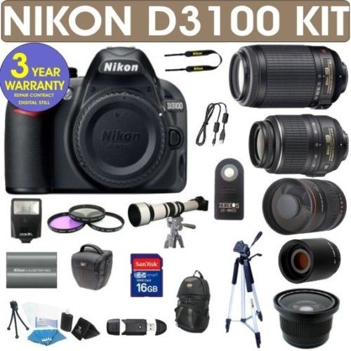 NEW NIKON D3100 DIGITAL SLR CAMERA + 6 LENS DELUXE KIT  