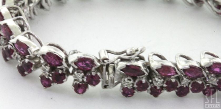 HEAVY 18K WHITE GOLD 14.40CTW DIAMOND/RUBY FLOWER LINE BRACELET  