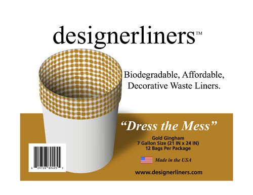 Designerliners Decorative Wastebasket Trash Bag Liners   Gold Gingham 