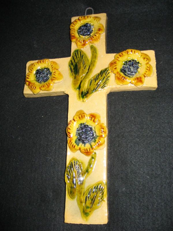 Cross Hand Built Clay Sunflowers Mexican Pottery Art XL  