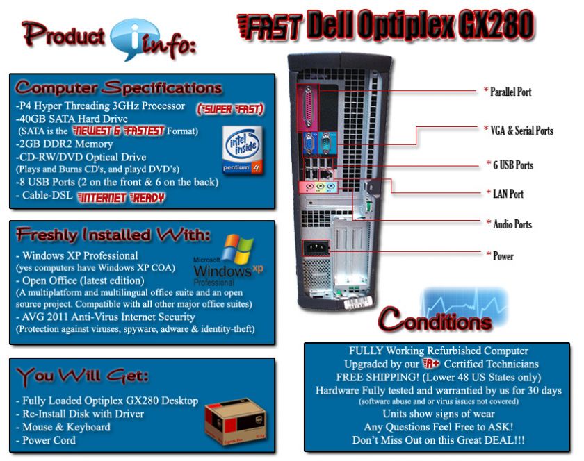 Dell GX280 Desktop Computer P4 3GHZ+2GB RAM+XP+DVD  